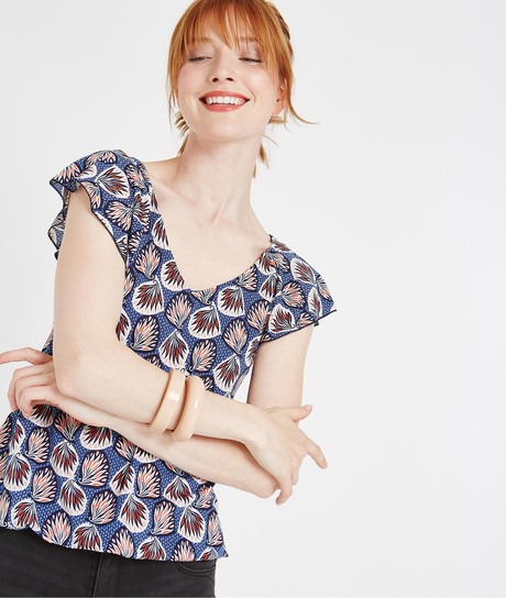 T-shirt imprimé manches volantées BLEU