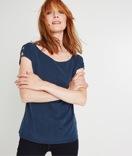 T-shirt uni à perles MARINE