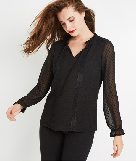 Blouse plumetis noire manches longues NOIR