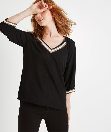 Blouse col V manches 3/4 NOIR