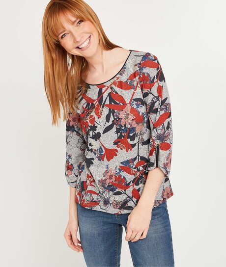 T-shirt imprimé végétal femme GRIS