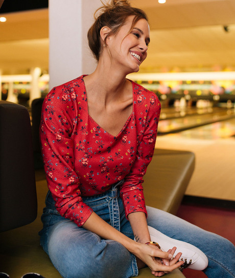 T-shirt rouge imprimé fleuri femme ROUGE