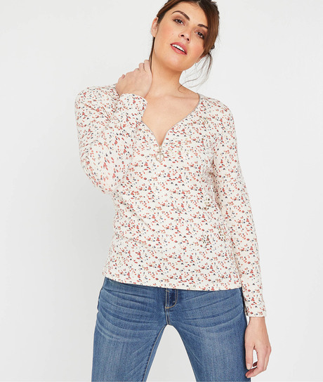 T-shirt imprimé et zippé femme BEIGE