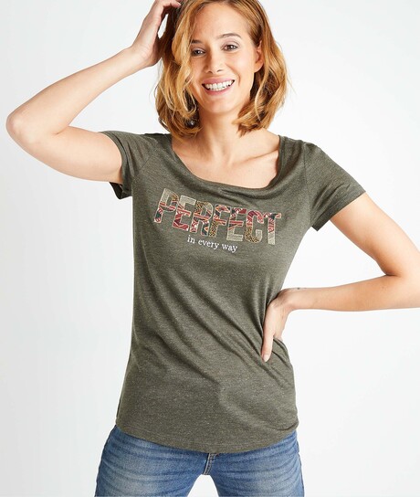 T-shirt kaki à message femme KAKI
