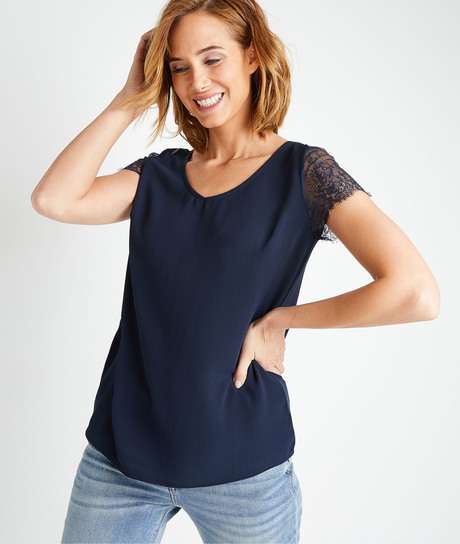 T-shirt en coton avec dentelle femme MARINE