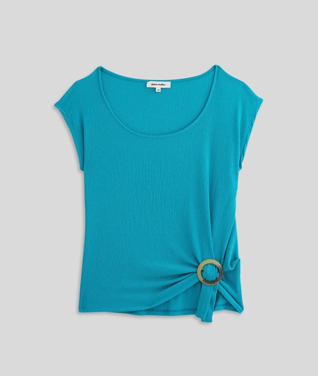 T-shirt maille froissée et boucle femme TURQUOISE