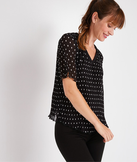 Blouse à pois plissée femme NOIR