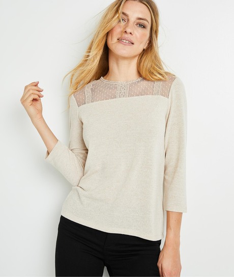 T-shirt doux avec plumetis brodés femme BEIGE CLAIR