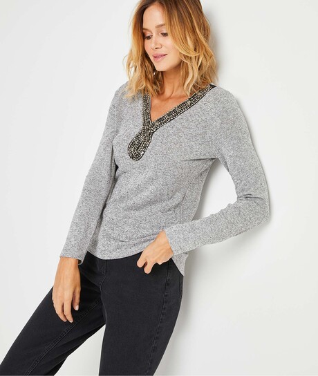 T-shirt uni col bijoux femme GRIS