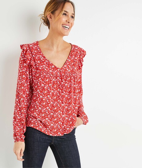 Chemisier fleurie fluide à volants femme ROUGE