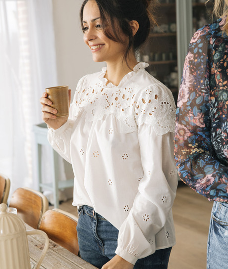 Blouse en coton brodée écrue femme ECRU