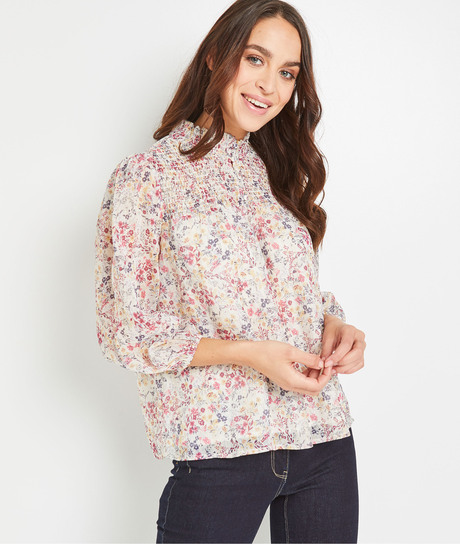 Blouse imprimé fleuri en voile femme ECRU