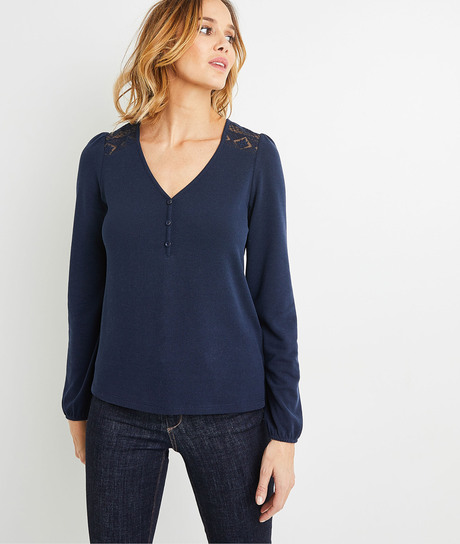 T-shirt uni dos dentelle femme MARINE