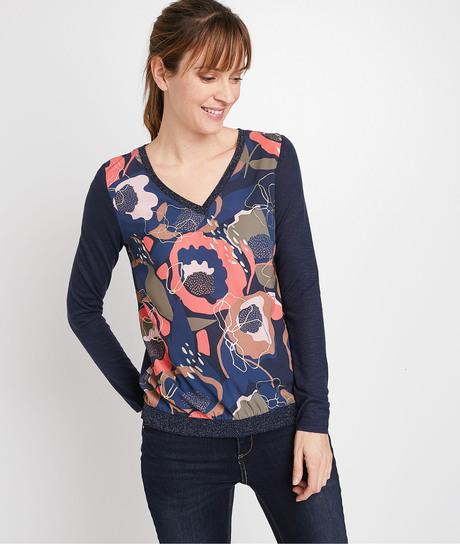 Tshirt imprimé fleuri femme MARINE