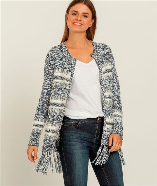 Gilet femme frangé jacquard BLEU