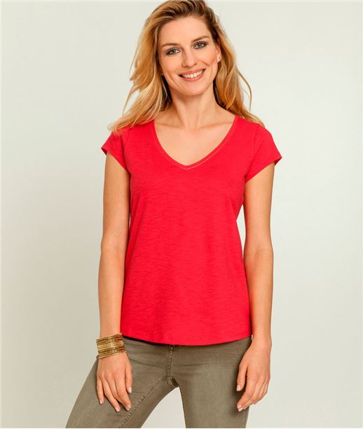 T-shirt femme col V manches courtes ROUGE