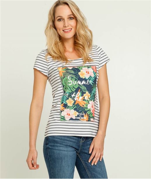 T-shirt femme rayé et patch imprimé BLANC CASSE