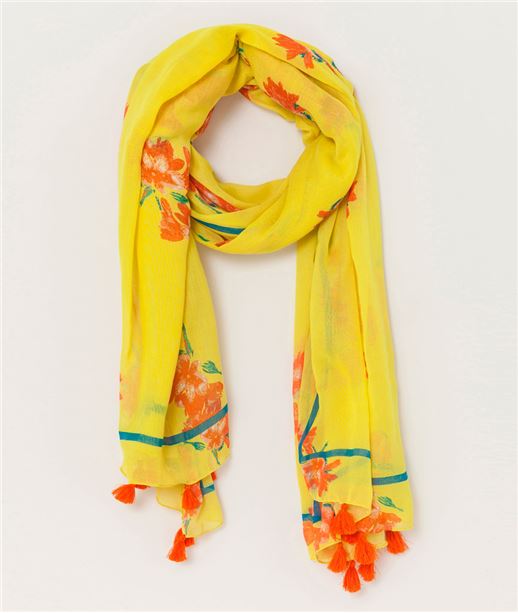Etole femme imprimé fleurs et pompons JAUNE