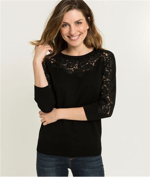 Pull femme coton et broderie NOIR