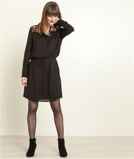 Robe femme broderie fleurs NOIR