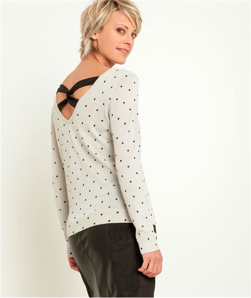 Pull femme dos V et imprimé pois ECRU