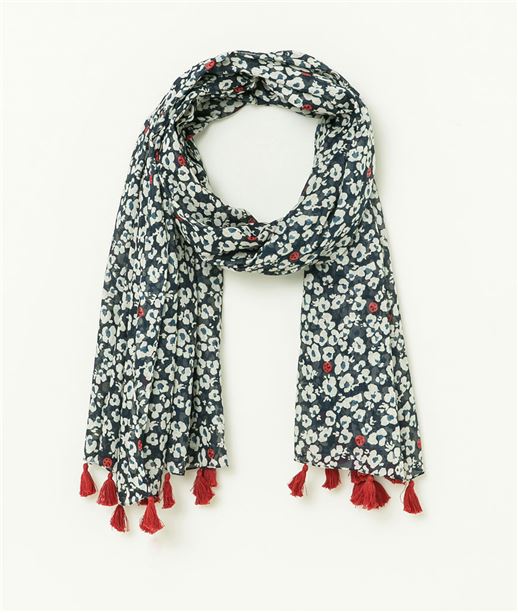 Foulard femme imprimé et pompons BLEU