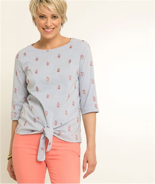 Blouse femme rayures et broderie BLEU