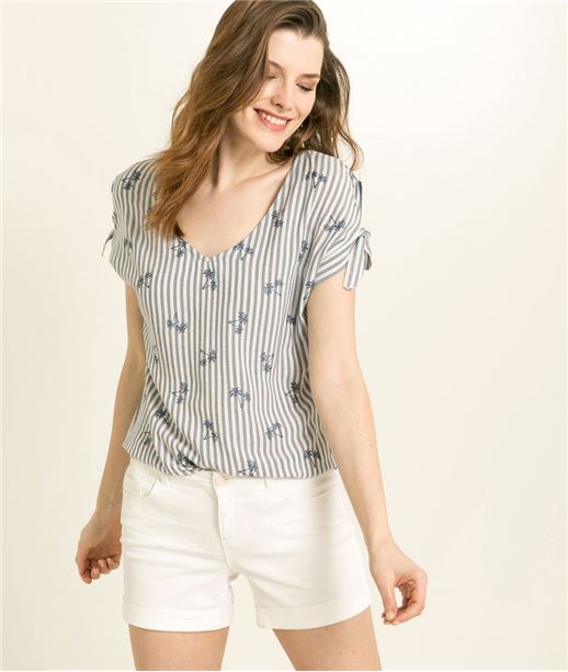 T-shirt femme manches nouées BLEU