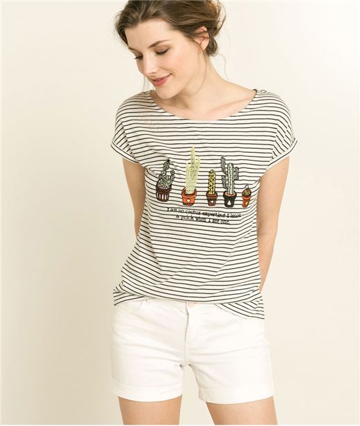 T-shirt femme rayé broderie cactus BLANC