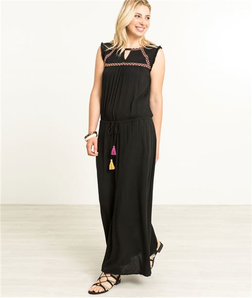 Robe femme longue noire et broderies NOIR
