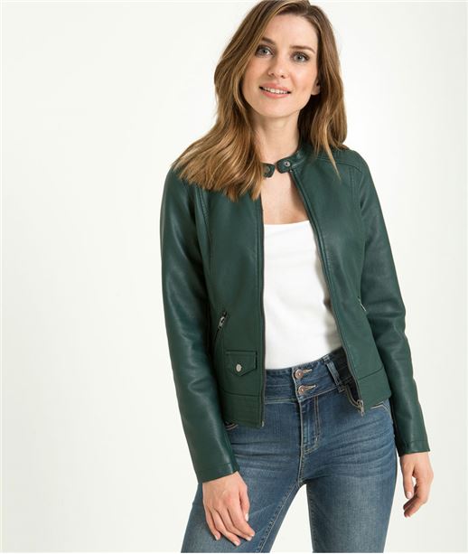 Veste femme courte simili cuir VERT