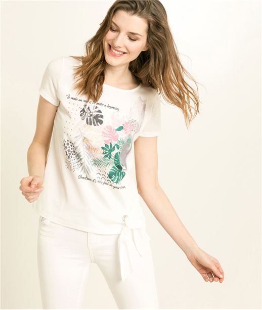 T-shirt femme imprimé bi-matière ECRU
