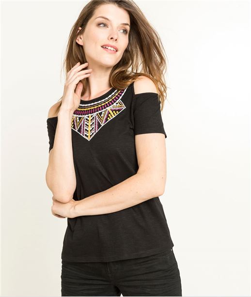 T-shirt femme noir manches courtes brodé NOIR