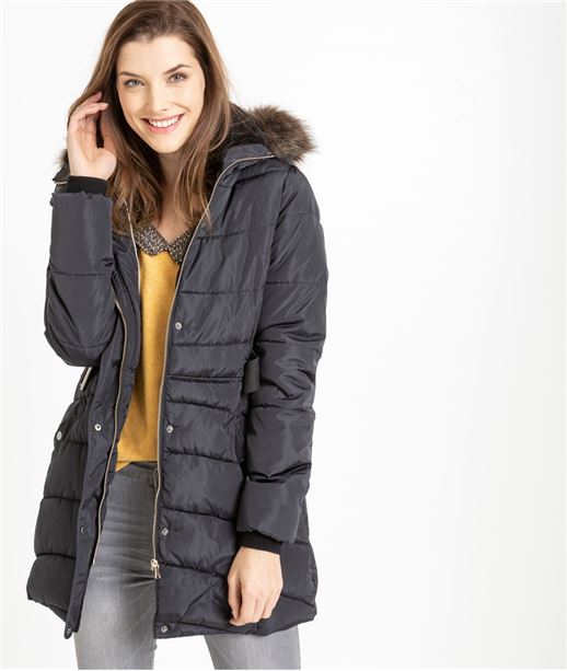 Doudoune femme longue avec ceinture NOIR
