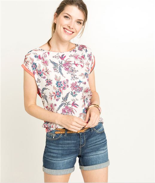 Chemisier femme fleurs et rayure ECRU