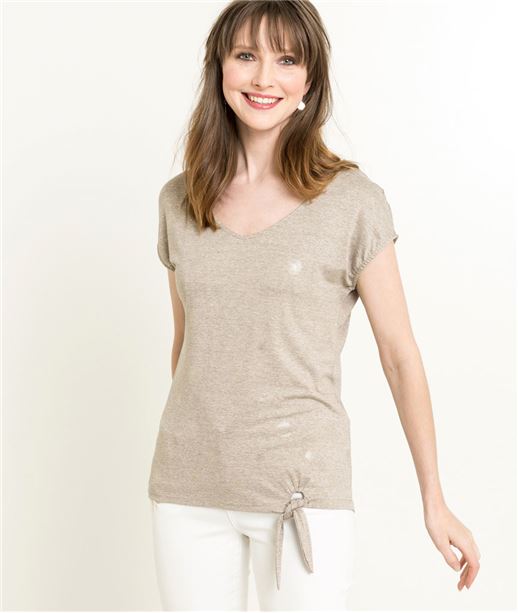 T-shirt femme col V et noeud BEIGE