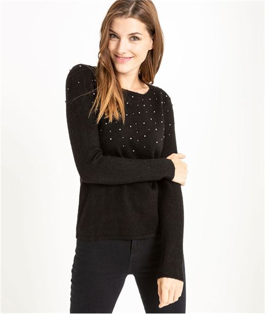 Pull femme chaud avec perles NOIR