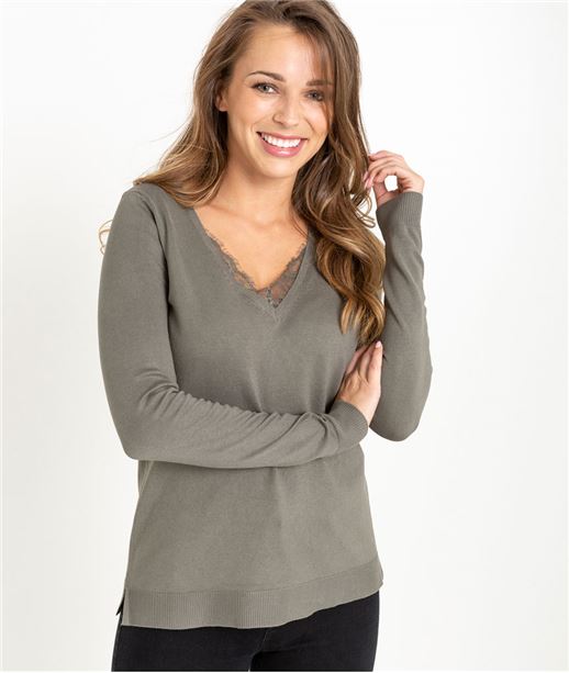 Pull femme basique avec dentelle KAKI