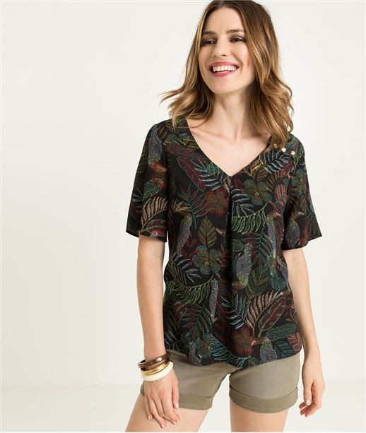 Blouse femme imprimée tropical NOIR