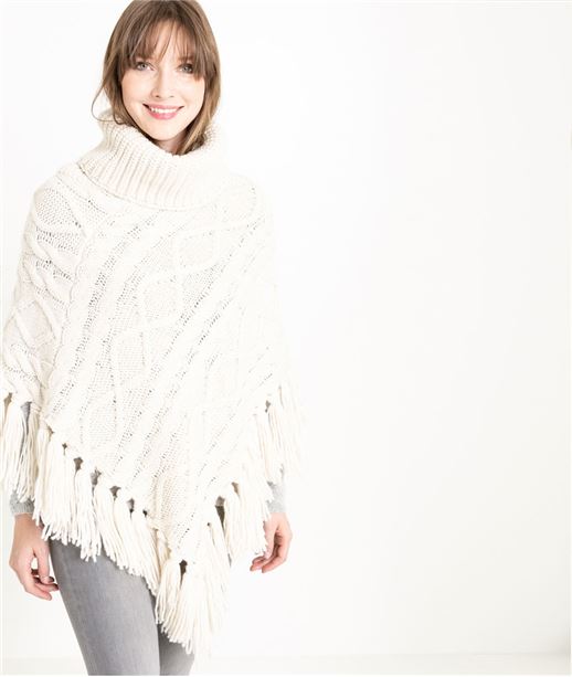 Poncho femme blanc avec franges ECRU