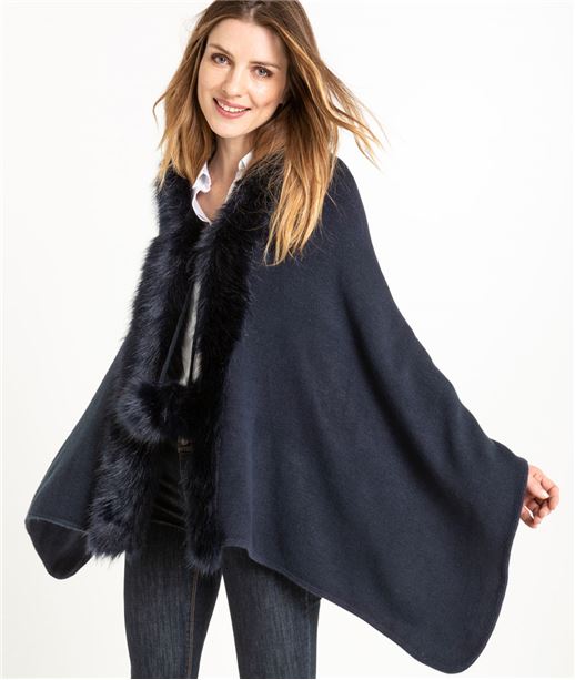 Poncho femme avec fourrure BLEU MARINE