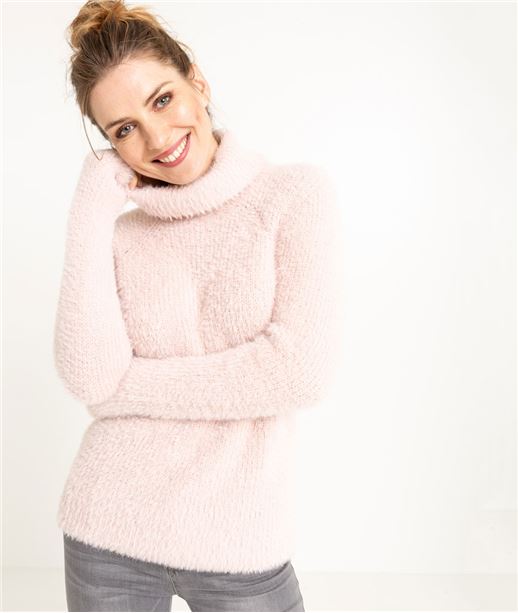 Pull femme col roulé tout doux ROSE