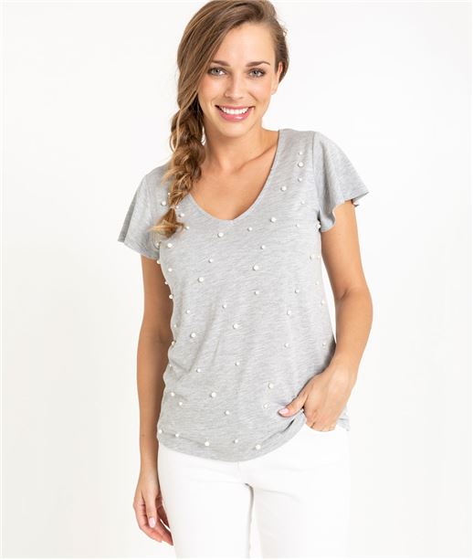 T-shirt femme gris avec perles blanches GRIS