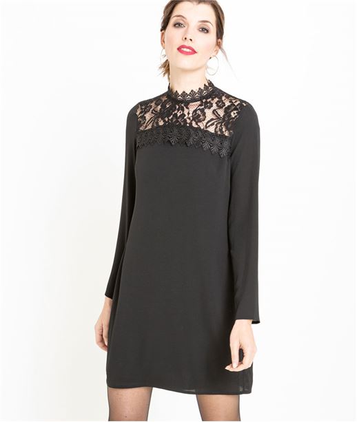 Robe femme fluide avec col dentelle NOIR