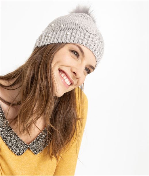 Bonnet femme avec pompons et perles GRIS