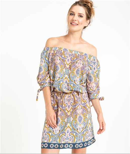 Robe femme imprimée et épaules dégagées ROSE CLAIR