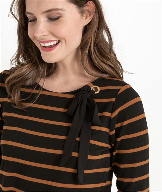 T-shirt femme marinière manche 3/4 MARRON