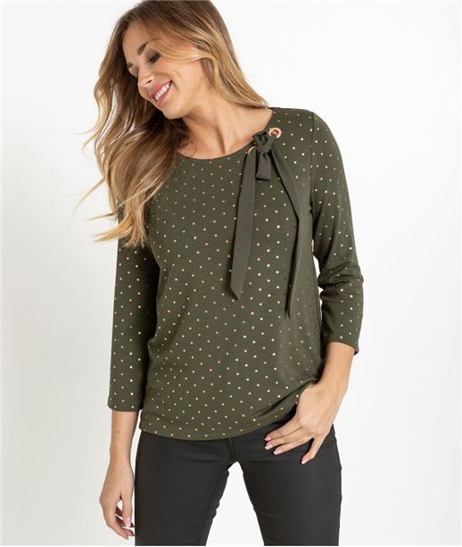 Pull femme manches 3/4 à pois KAKI