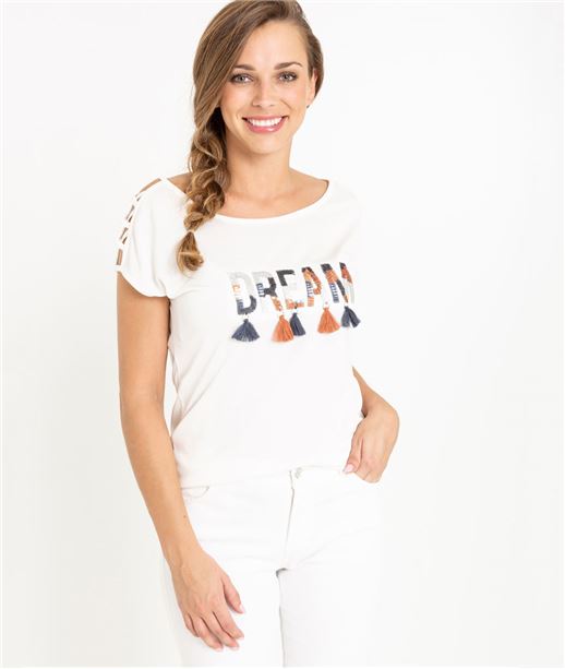 T-shirt femme message et pompons BLANC CASSE