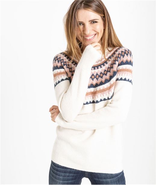 Pull femme d'hiver col jacquard BEIGE